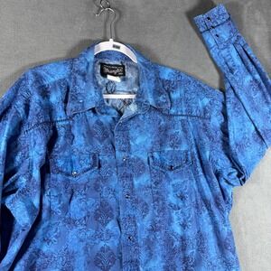 Wrangler Mens XXL Blue Damask Floral Pearl Snap Western Shirt Embroidered Yoke